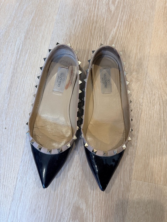 Valentino Shoes - Valentino Black Patent Pointed Toe Rockstud Flats with Nude Trim
